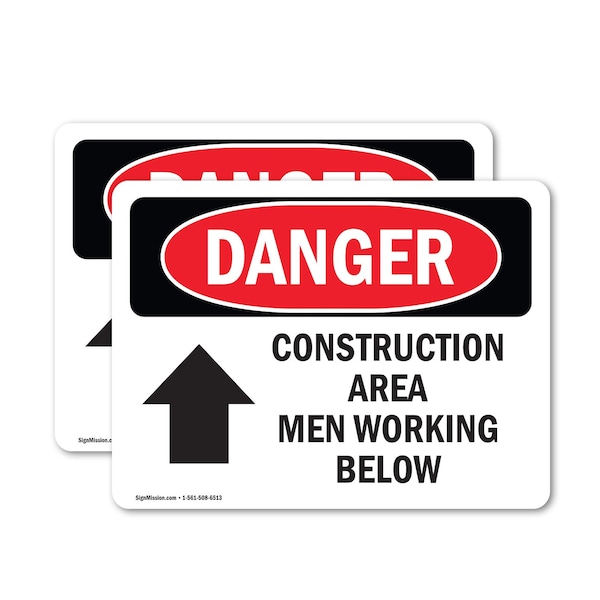 Signmission Construction Area Men Working Above Danger Sign, Vinyl Decal, 10in W x 7in L, 2PK OS-2PACK-DS-D-710-L-1931 - main
